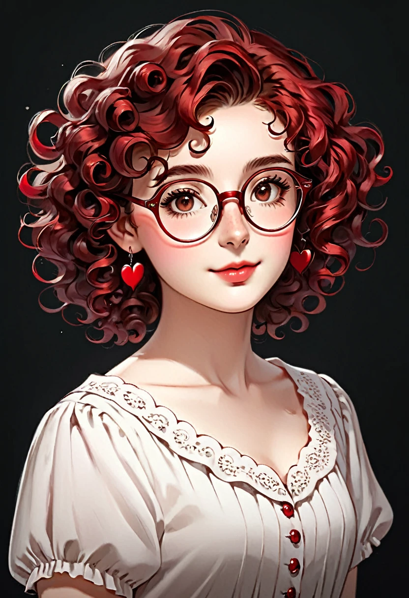 8K, ultra hd, masterpiece, (detailed), 1girl, (good face:1.4), hairstyle (color: red, length: short, curly with flowing small ringlets), face (heart-shaped, pale, dark brown eyes), glasses (wears thick-rimmed, old-fashioned glasses), background is white, just drawn face