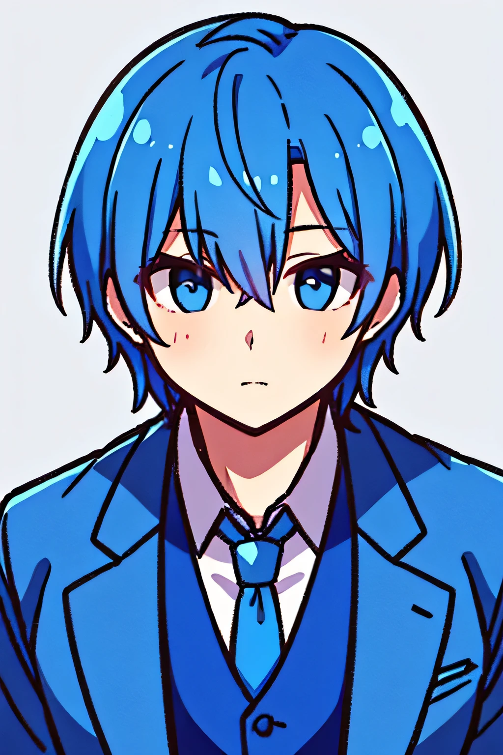 best quality an adult with blue hair wearing a blue and black suit