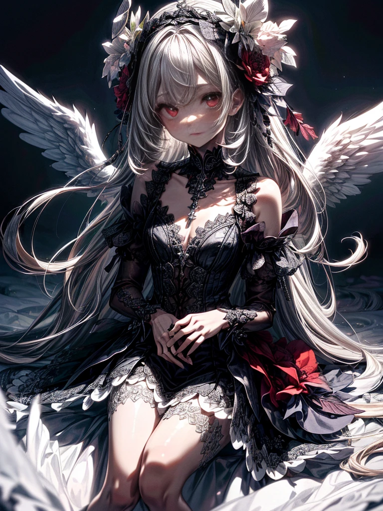 (Masterpiece artwork, absurdness quality, best qualityer, offcial art, beautiful and aesthetic:1.2), (1 small:1.4), extremely detailed, (Fractal Art:1.3), colorfully, more detailed, vivid color, From above,
angel, albino, face, hugging the skull,
dark light, cute white ruffles dress, white lace short boots, asas de angel fofas, pure white long hair, beautiful detailed red eyes, shining at the viewer, many skulls, 32k