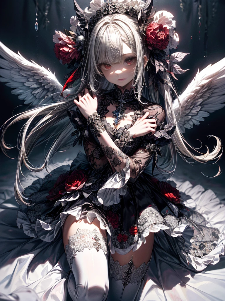 (Masterpiece artwork, absurdness quality, best qualityer, offcial art, beautiful and aesthetic:1.2), (1 small:1.4), extremely detailed, (Fractal Art:1.3), colorfully, more detailed, vivid color, From  above, 
angel, albino, face, hugging the skull, 
dark light, cute white ruffles dress, white lace short boots, asas de angel fofas, pure white long hair, beautiful detailed red eyes, shining at the viewer, many skulls, 32k
