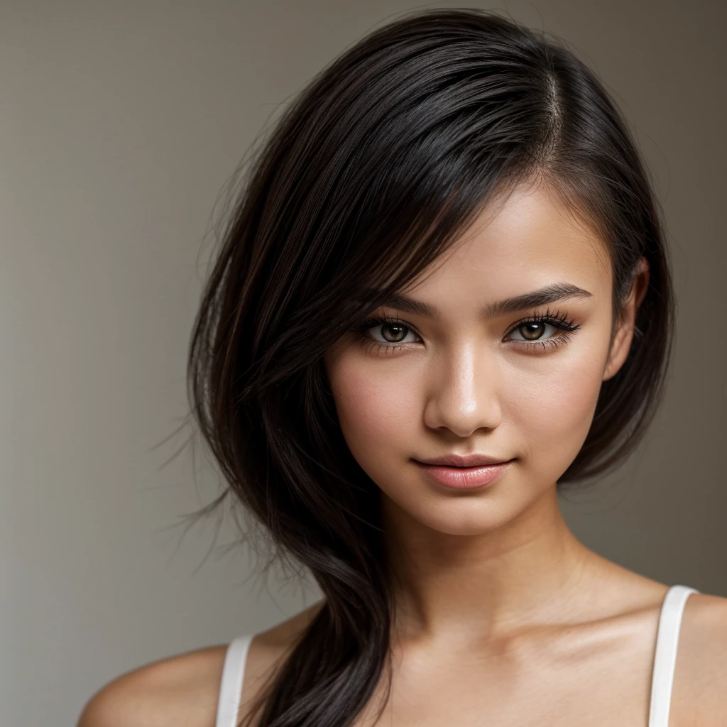 (Masterpiece+realistic), (8K), Realistic, headshot portrait, looking_at_viewer, (best quality), a gorgeous young ebony woman with black hair and dark brown eyes, (round face shape), very beautiful eyes, long beautiful hair, most beautiful almond eyes, so beautiful, outstandingly beautiful, stunningly beautiful, ((very thin eyebrows)), very attractive lips, prominent cheeks, beautifully rounded chin, very attractive jaw very cute young woman with brown desi skin color, closed smile, wearing a tight strapless dress, white backdrop