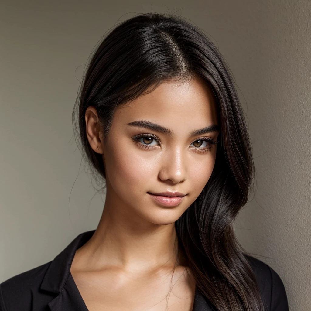 A young 19-year-old woman with a mixed Asian and French heritage. She has thick dark black eyeliner and glossy lips. The image is a casting shot, showcasing her face clearly with a neutral or slight smile expression. She has straight, dark brown hair that falls just past her shoulders. Her eyes are almond-shaped, and her skin has a light to medium tone with a natural, fresh look. She is wearing a simple, professional outfit suitable for a casting, and the background is a neutral studio setting with soft lighting to highlight her features.