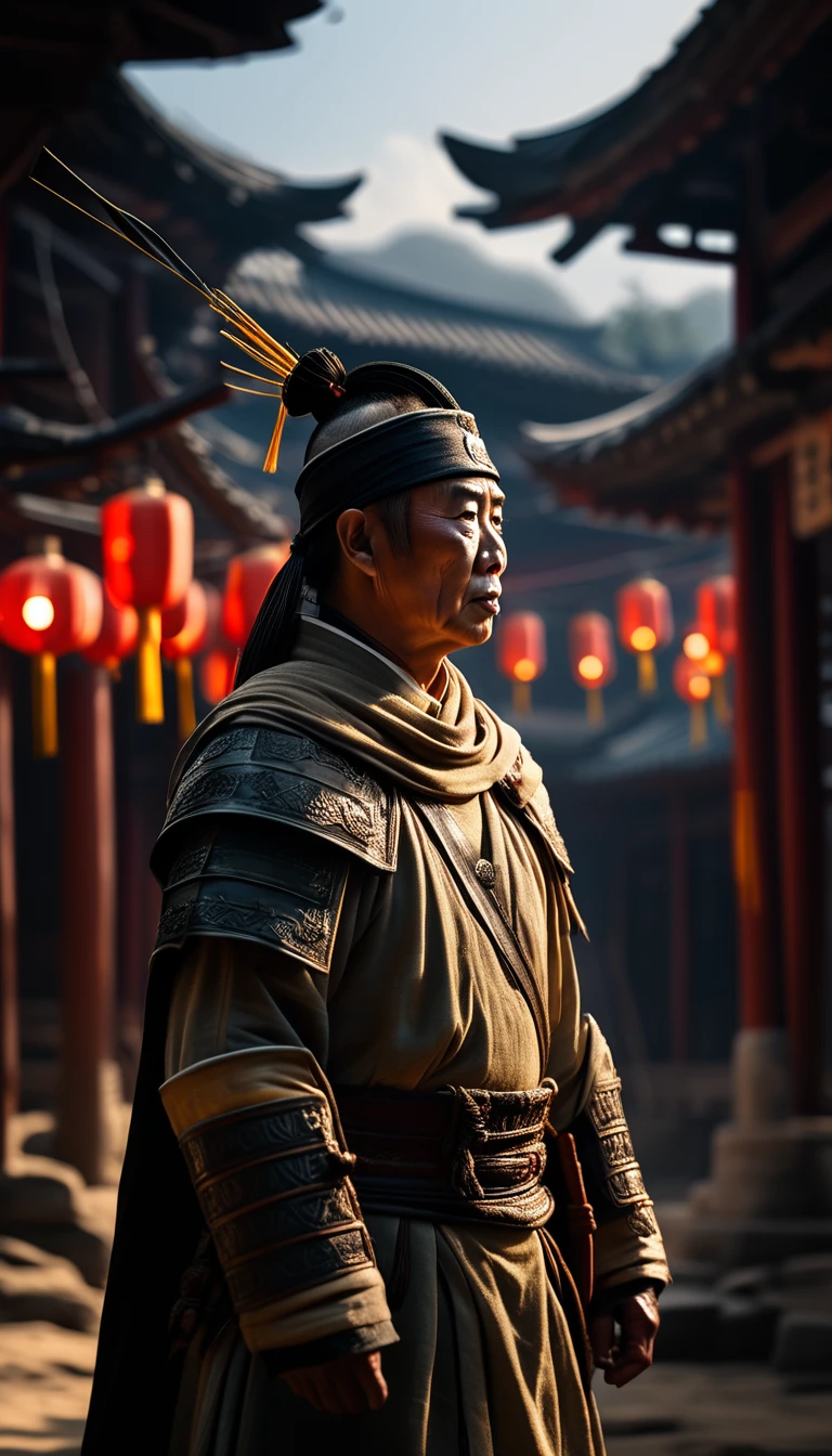 A general in an ancient Chinese camp issuing an order to raise the white flag, background dark, hyper realistic, ultra detailed hyper realistic, photorealistic, Studio Lighting, reflections, dynamic pose, Cinematic, Color Grading, Photography, Shot on 50mm lens, Ultra-Wide Angle, Depth of Field, hyper-detailed, beautifully color, 8k, golden light from the front,