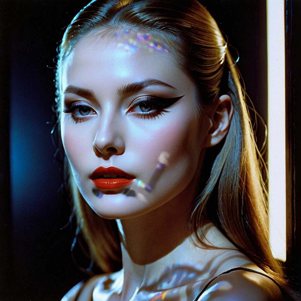 Photograph by Serge Lutens (1.8), pale skin, evil slavic woman, long dark blond hair, in profile, wide angle dim atmosphere, stunning, modern, dark, clean, artsy indoor surrounding, casting a dreamlike atmosphere eyes reflect some light, Shiseido-style Vogue-Style 1990s style and setting Various gentle half body poses and angles Consistent facial and body features Photorealistic and highly detailed Artistic and evocative High-quality finish Ensuring vibrant, detailed features Technical details: wide angle lens Selective focus with Kodak film effect: 1.2 Shallow depths of field