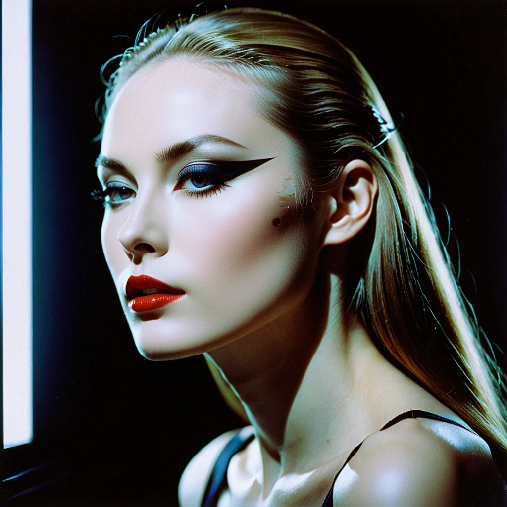 Photograph by Serge Lutens (1.8), pale skin, evil slavic woman, long dark blond hair, in profile, wide angle dim atmosphere, stunning, modern, dark, clean, artsy indoor surrounding, casting a dreamlike atmosphere eyes reflect some light, Shiseido-style Vogue-Style 1990s style and setting Various gentle half body poses and angles Consistent facial and body features Photorealistic and highly detailed Artistic and evocative High-quality finish Ensuring vibrant, detailed features Technical details: wide angle lens Selective focus with Kodak film effect: 1.2 Shallow depths of field