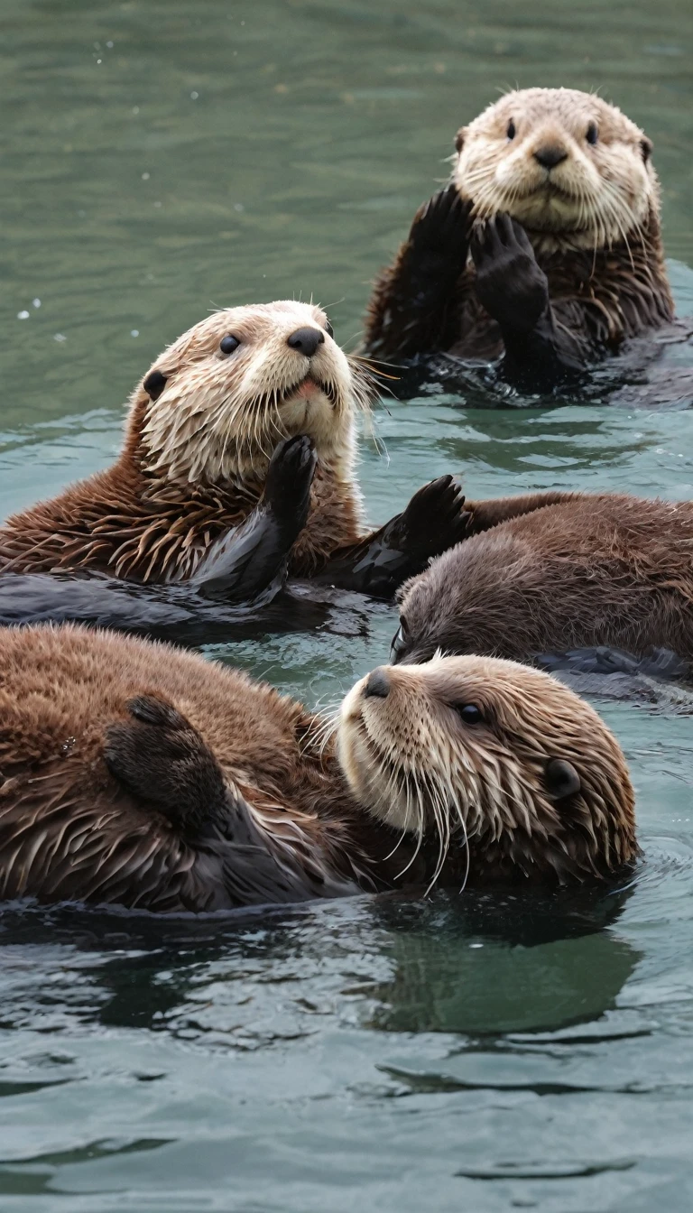 2 sea otters, floating on ocean, 1 sea otter handle other sea otter's hand, 2 sea otters shake hand, lighting