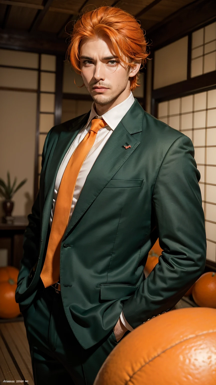 ((best quality, masterpiece, 1 male, Handsome, male, aldult male, Old man, Broad shoulders, height((Big Hair)), Looking at the audience ((Green Eyes)), ((Orange Hair, Tie your hair up), permanent, perforation, The face is old, aldult, Japanese cartoons version, black Outer suit, Very tall boy, Japanese cartoons, Outer suit, Show the whole character
