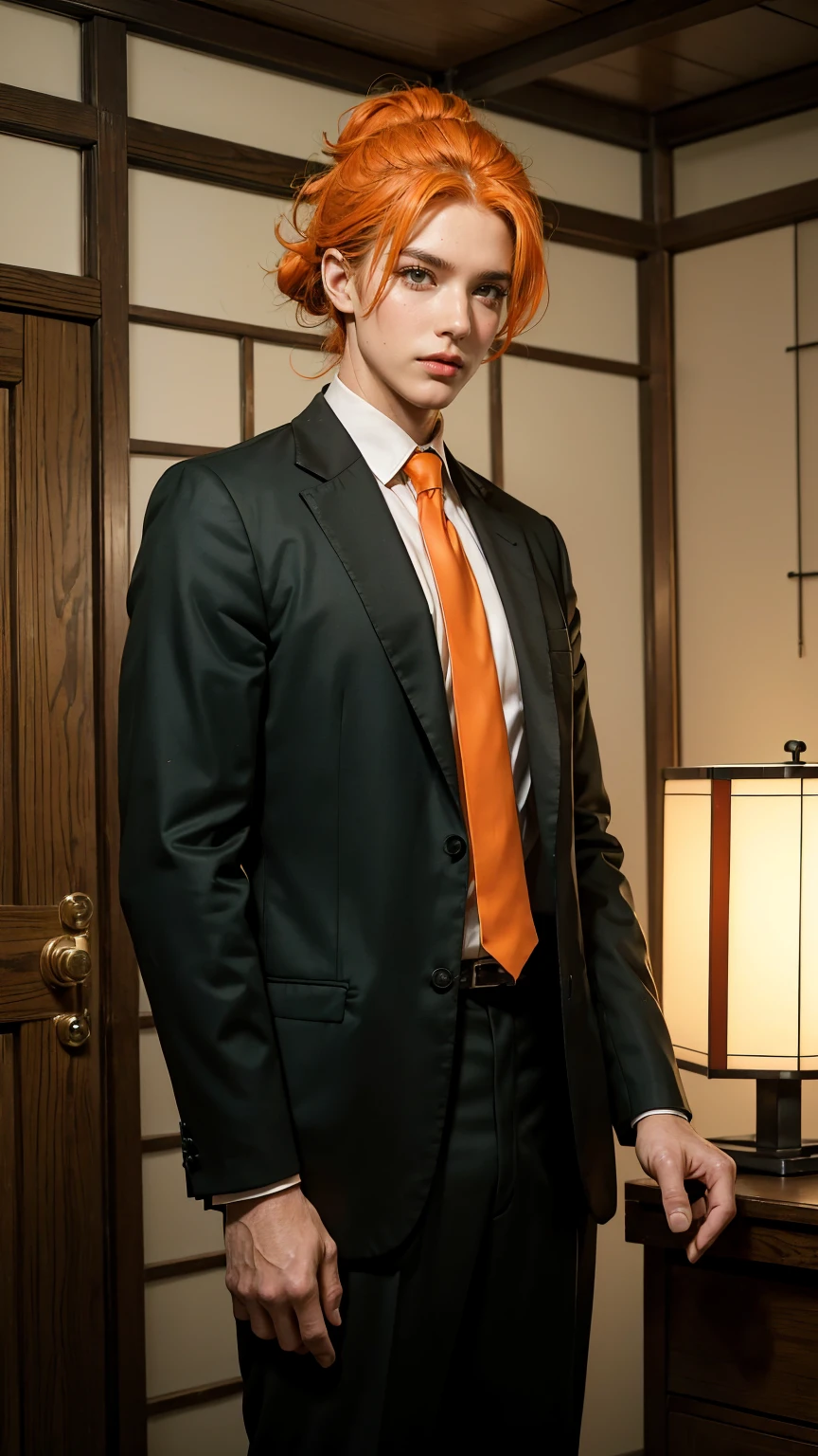 ((best quality, masterpiece, 1 male, Handsome, male, aldult male, Old man, Broad shoulders, height((Big Hair)), Looking at the audience ((Green Eyes)), ((Orange Hair, Tie your hair up), permanent, perforation, The face is old, aldult, Japanese cartoons version, black Outer suit, Very tall boy, Japanese cartoons, Outer suit, Show the whole character