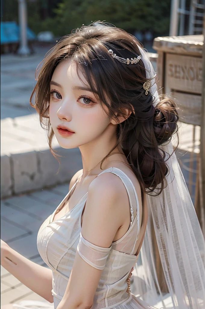 Wedding dress, Delicate and beautiful eyes, High contrast, High-definition quality, Dynamic Tilt,Realistic details, Official Art, masterpiece, Unity 8k Wallpaper, Ultra Detailed, 美丽的masterpiece, Top quality, Radiant Skin,sweet and cute, Long brown hair, curls, Warm colors, Very high color saturation,Big Ass,Large Breasts,Beach,whole body