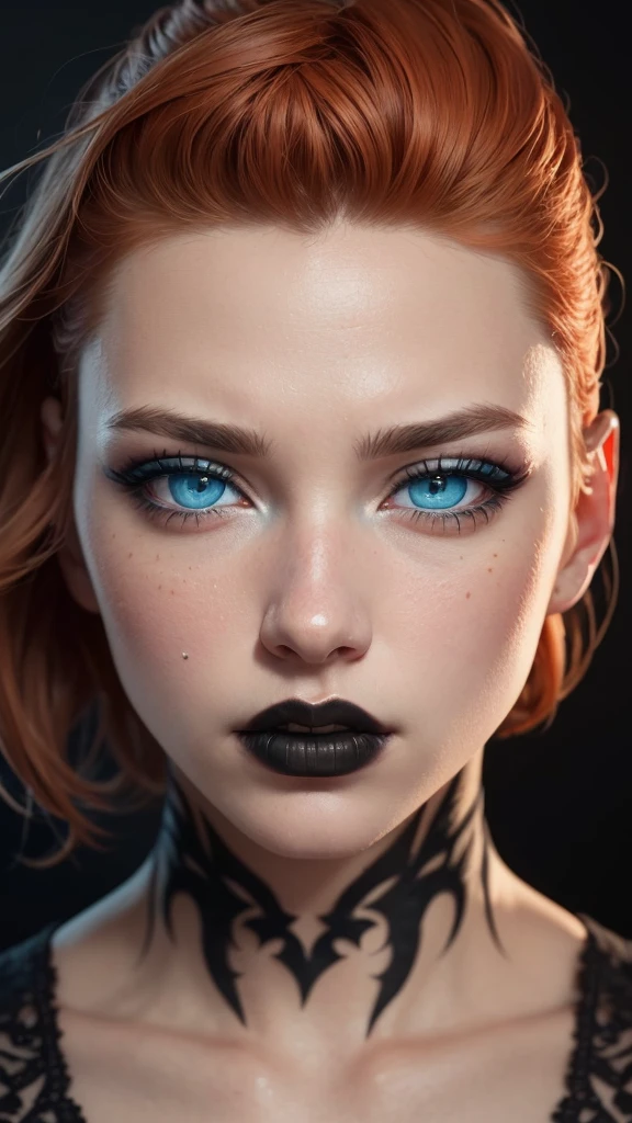 ((best quality: 1.5)) ((masterpiece: 0.8)), intricate details, sharp focus, professional, real life, realistic representation of the face, dim volumetric lighting, dynamic pose, in the style of realistic and hyper detailed renderings BREAK (detailed 30 year old android woman, (((blackout gothic eye makeup, portrait) ice blue eyes, short ginger hair, shaved sides), determined expression)), photorealistic, hyper-realistic, 8K