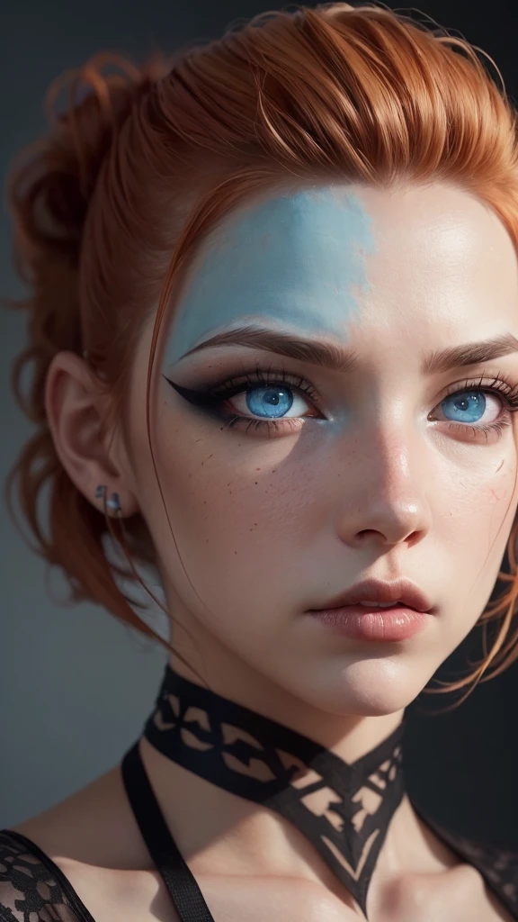 ((best quality: 1.5)) ((masterpiece: 0.8)), intricate details, sharp focus, professional, real life, realistic representation of the face, dim volumetric lighting, dynamic pose, in the style of realistic and hyper detailed renderings BREAK (detailed 30 year old android woman, (((blackout gothic eye makeup, portrait) ice blue eyes, short ginger hair, shaved sides), determined expression)), photorealistic, hyper-realistic, 8K