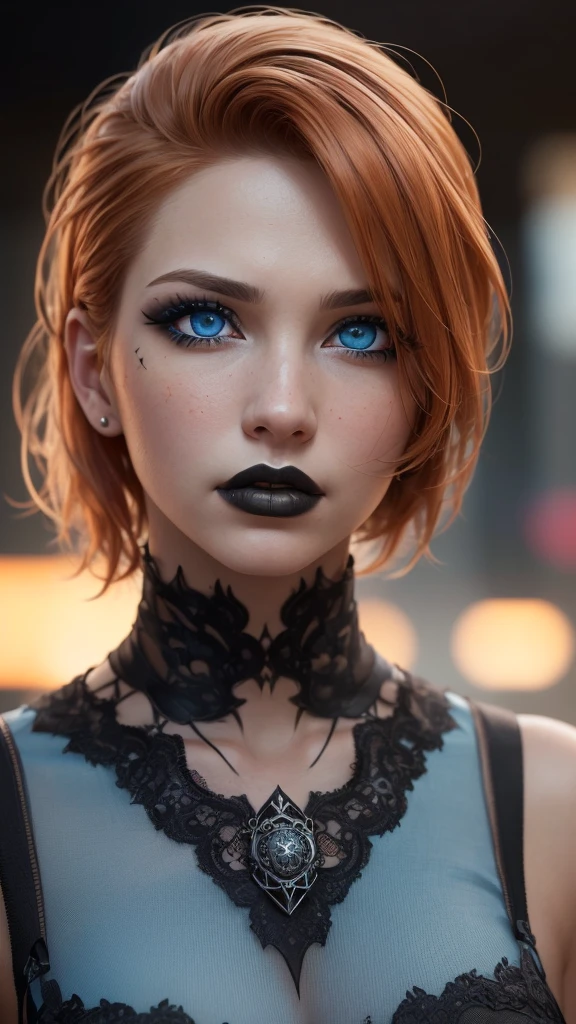 ((best quality: 1.5)) ((masterpiece: 0.8)), intricate details, sharp focus, professional, real life, realistic representation of the face, dim volumetric lighting, dynamic pose, in the style of realistic and hyper detailed renderings BREAK (detailed 30 year old android woman, (((blackout gothic eye makeup, portrait) ice blue eyes, short ginger hair, shaved sides), determined expression)), photorealistic, hyper-realistic, 8K