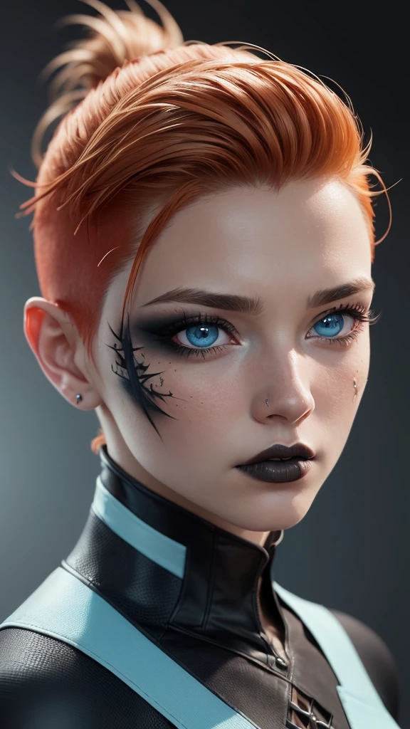 ((best quality: 1.5)) ((masterpiece: 0.8)), intricate details, sharp focus, professional, real life, realistic representation of the face, dim volumetric lighting, dynamic pose, in the style of realistic and hyper detailed renderings BREAK (detailed 30 year old android woman, (((blackout gothic eye makeup, portrait) ice blue eyes, short ginger hair, shaved sides), determined expression)), photorealistic, hyper-realistic, 8K