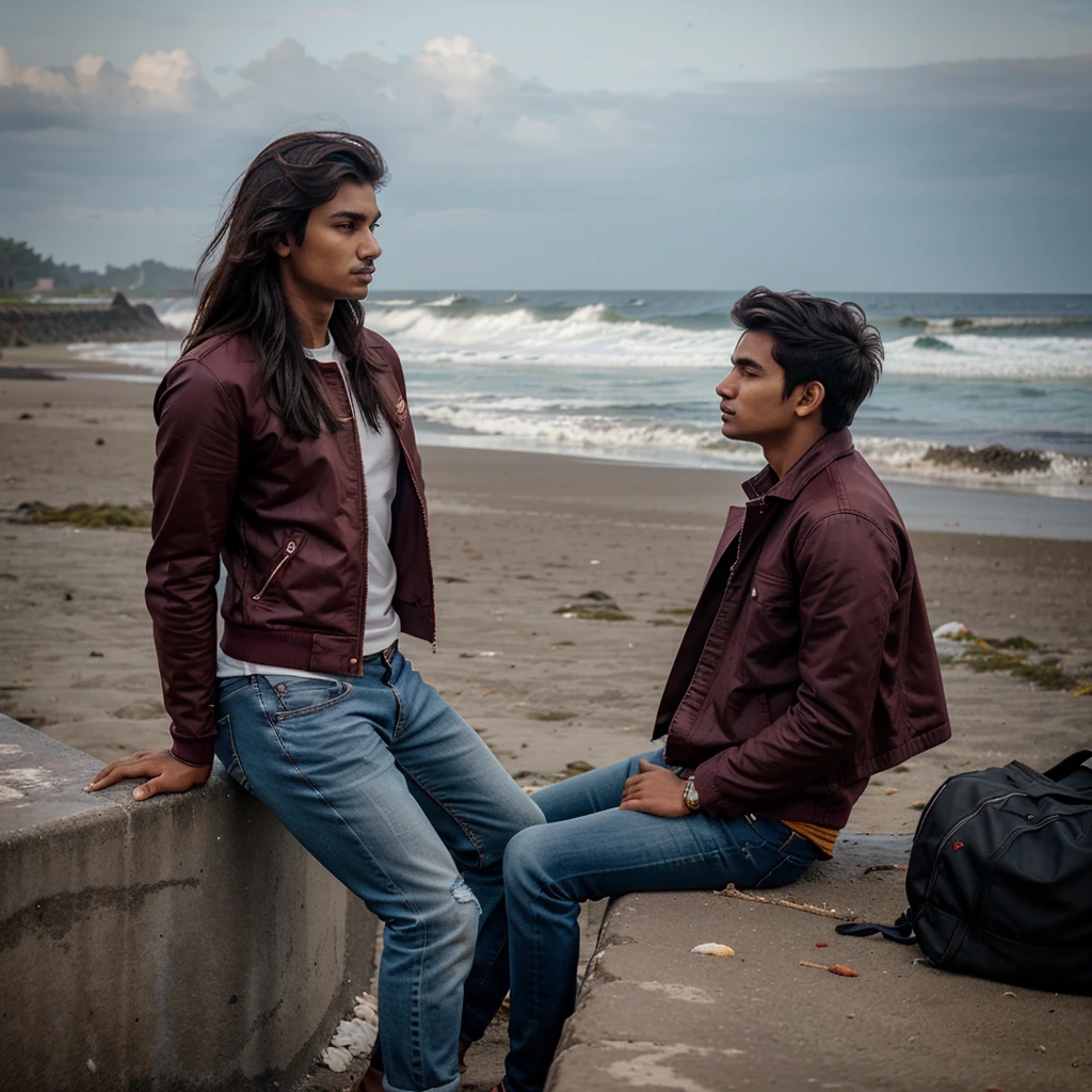 best quality. 20 year old youth, Indian face, maroon jacket, jeans trousers, Sit watching the waves on the beach. Jarak long shot, Side view.