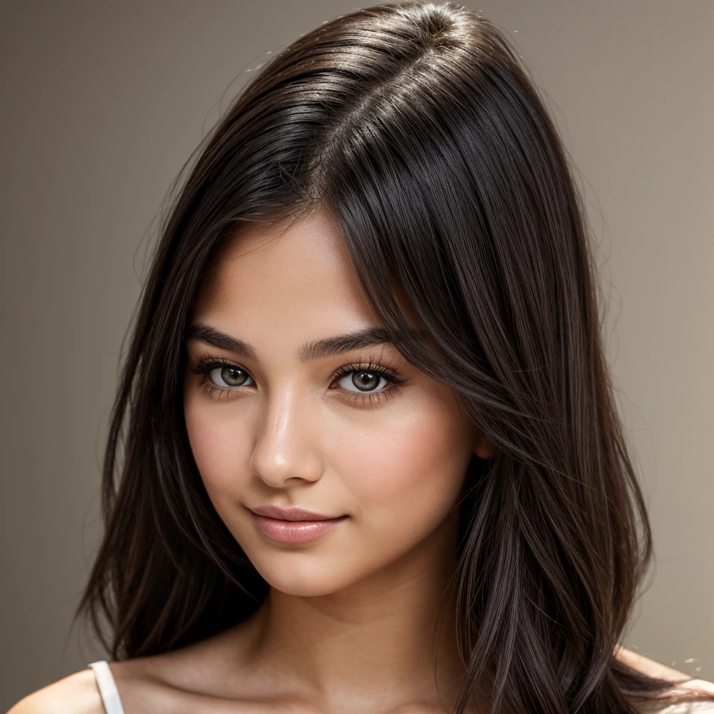 A young 19-year-old woman with a mixed japanese and Italian heritage. She has thick dark black eyeliner and glossy lips. The image is a casting shot, showcasing her face clearly with a neutral or slight smile expression. She has straight, dark brown hair that falls just past her shoulders. Her eyes are almond-shaped, and her skin has a light to medium tone with a natural, fresh look. She is wearing a simple, professional outfit suitable for a casting, and the background is a neutral studio setting with soft lighting to highlight her features.