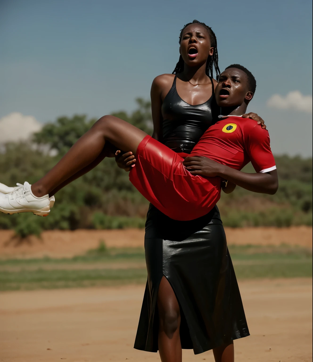 ugandan woman wearing very shiny plastic dress, Long shiny plastic skirt, Despair, unconscious, exhausted, powerlessness, man hangs limp and powerless with his head in the arms of the woman, screams of pain, shouting out in pain, shouting for aid, Dramatic rescue pose, pity, a hurt and male african football player hangs limp and powerless with his head hanging down in the arms of thewoman, a woman in a long leather-skirt has a horrofied facial expression when she carries a male african football player who is hanging limp and powerless with his head hanging down in her arms, an injured male african football player in matte cotton sportswear is carried with an extremely agonised facial expression, faces in pain and horror, screaming with pain, Frightened facial expression, pityful facial expression, pity, pain, accident, aid, football, an ugandan woman who is wearing a very shiny and wetlook plasticdress