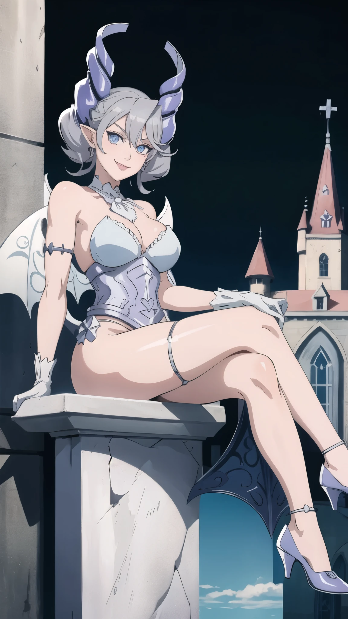  Outside castle top  High level image quality　best image quality　8K　 adult woman   silver castle outside  more colors   whole body view　portrait　 bikini   　horn    ears  　short hair（（shortcut）（gray hair）（perm）（fluffy））　eye color is blue ,  , 　attractive evil face , smile   ,  sexy pose   ,  labrynth ,  barearm   gloves  , wearing pink , wings    , sitting on face statue  ,holding her weapon  , crossed legs, view heels   , view foot arc