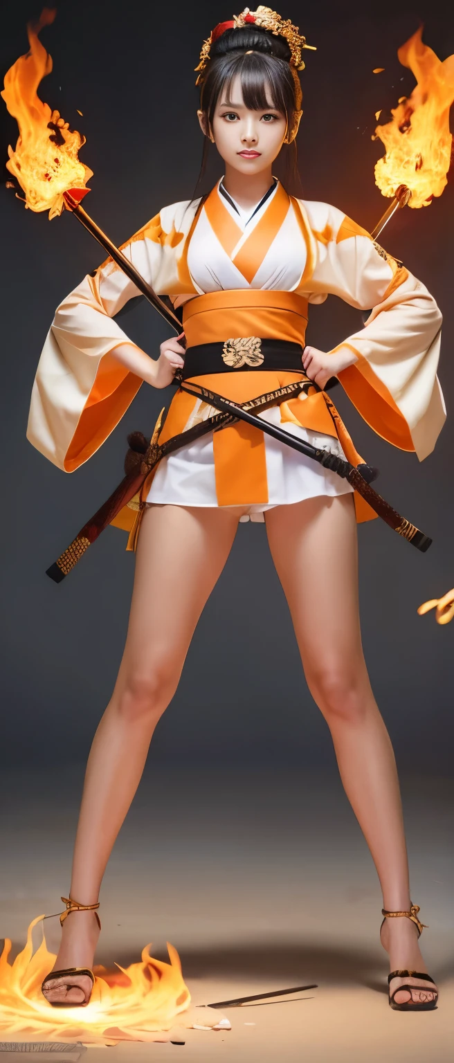 Tall and cute samurai girl、whole body、Good style、、、、、、、、、、Tanned thick legs、、Orange and gold flame armor kimono(Snake Spear)、Neat and clean idol face、Glowing、
