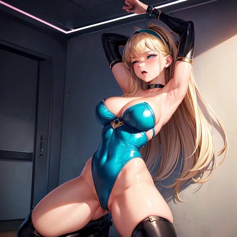 (masterpiece, Highest quality), Realistic, 1 Girl, Fair-skinned, (Sensual:0.8), Bright blonde, Super long hair with loose waves, Raise your bangs, Wear a blue hairband around your forehead, Blue eyes, (Strapless emerald green bustier high leg leotard),Big Breasts, Blue belt with round buckle, Expose both arms, (join arms:1.2), (Both wrists were restrained:1.1), (His hands are handcuffed to the wall), (arms up high:1.1), (Both arms are hung high and stretched straight out:1.2), Make your hands visible, (Kneeling), (vaginal dildo insertion), Sweat, Pussy juice, Drooling, (vapor:1.1), (Motion Blur, captivating animation, trembling:1.2), (close your eyes), Open your mouth, (Orgasm Facial), Dark Machine Room, Silver choker, armpits, Blue Boots, Proudly, Push your hips forward, Stretch your body, nsfw, blush
