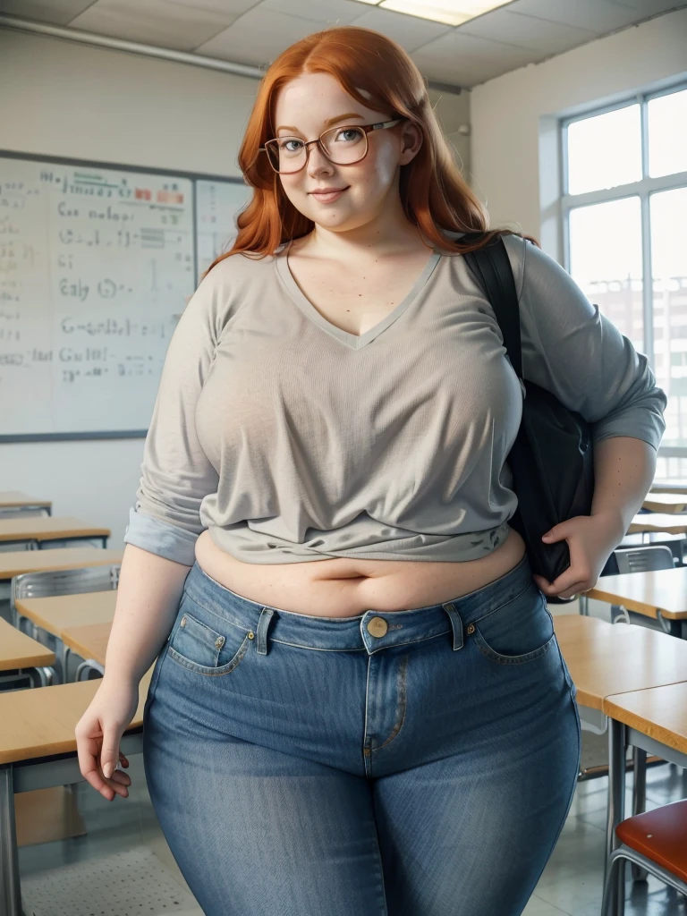 Happy photo of a young cute nerdy redhead bbw student with glasses with long wavy ginger hair soft fat belly, wide fat obese hips, thick fat legs and fat arms, cute pretty face, small breasts, blue eyes, freckles, in long shirt tucked in her simple jeans, and tight long jeana, wearing a backpack in a modern school hall
