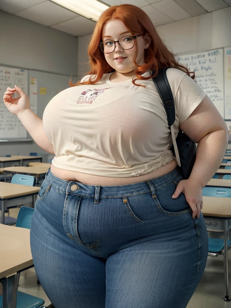 Happy photo of a young cute nerdy redhead bbw student with glasses with long wavy ginger hair soft fat belly, wide fat obese hips, thick fat legs and fat arms, cute pretty face, small breasts, blue eyes, freckles, in long shirt tucked in her simple jeans, and tight long jeana, wearing a backpack in a modern school hall