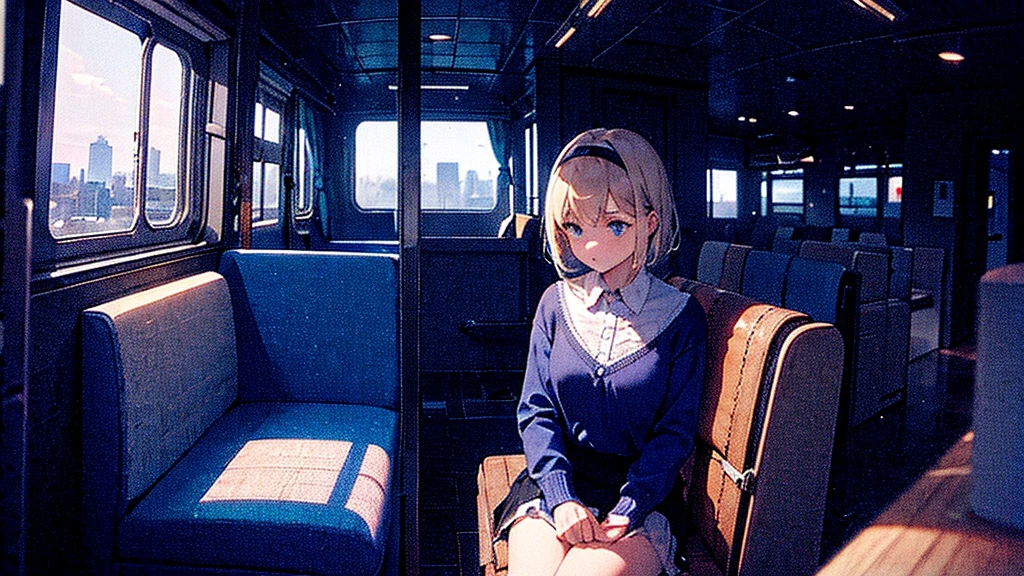 A young girl sits alone on a blue train, gripping a white book. The train's interior is bathed in a cool blue hue, with light wooden flooring and a large window revealing a cityscape outside. The girl's expression is one of deep concentration, as if she's lost in the pages of the book. She's wearing a blue sweater and a white skirt, with a beige backpack next to her on the bench. The window shows a city skyline, with the top of a tall building just visible. The weather outside appears to be sunny, with a few clouds scattered across the sky.#Makoto Shinkai's Style