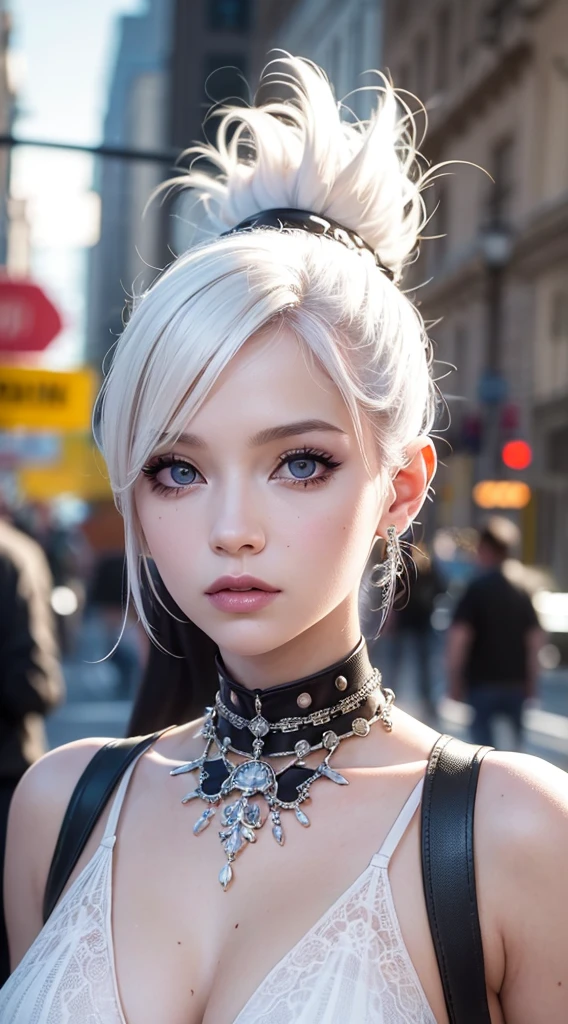 The prompts for the first theme are as follows:
"(Best Quality, 8K, 32K, masutepiece:1.3), Ultra-detailed, (Photorealistic:1.4), white colors, albino, Punk Girl, Detailed eyes, Upper body, Luxurious punk hair, Edgy punk fashion, Avant-garde makeup, Numerous piercings, Heavily tattooed body, Street background, Backlight effect, Shallow depth of field, Blurry background"