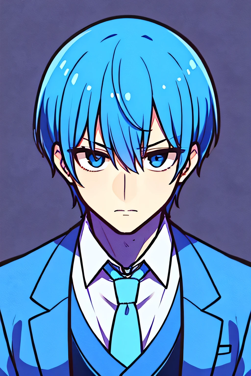 best quality an adult with blue hair wearing a blue and black suit
with a serious look in his face