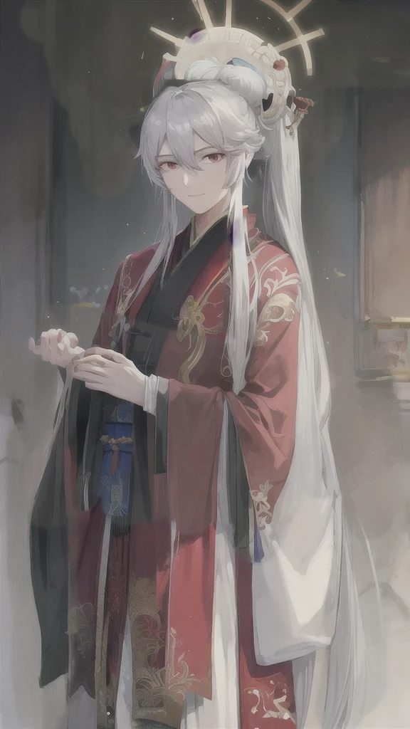Large scene of a white-haired woman wearing a red robe,lion,躺在巨大的石lion像前仰头喝酒, Portrait of Yang Jian, Pixiv, Fantasy Art, White-haired deity, Beautiful character painting, artwork in the style of , Gu Weiss, has long white hair, has long white hair, 飘逸的长发和Red robe,Red robe,