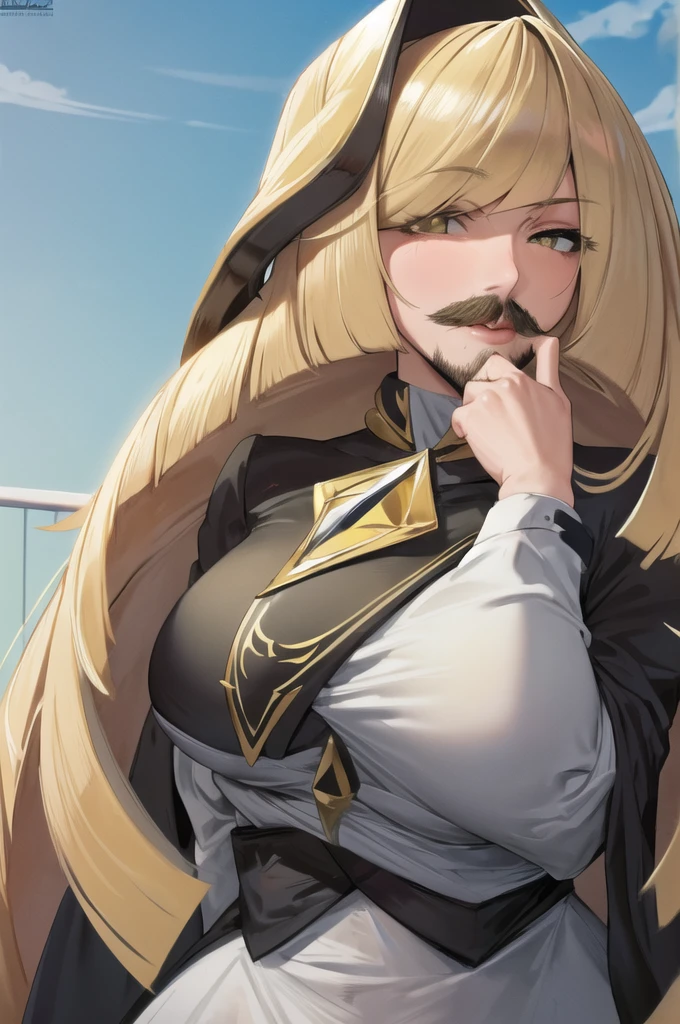 Fake Mustache, big mustache, beard, big beard, (masterpiece, best quality, ultra-detailed), 1girl, lusamine, blonde hair, yellow eyes, long hair, looking at viewer, very long hair, (hair over one eye:1.3), huge breasts, licking lips, grabbing own breast, hand on own chest