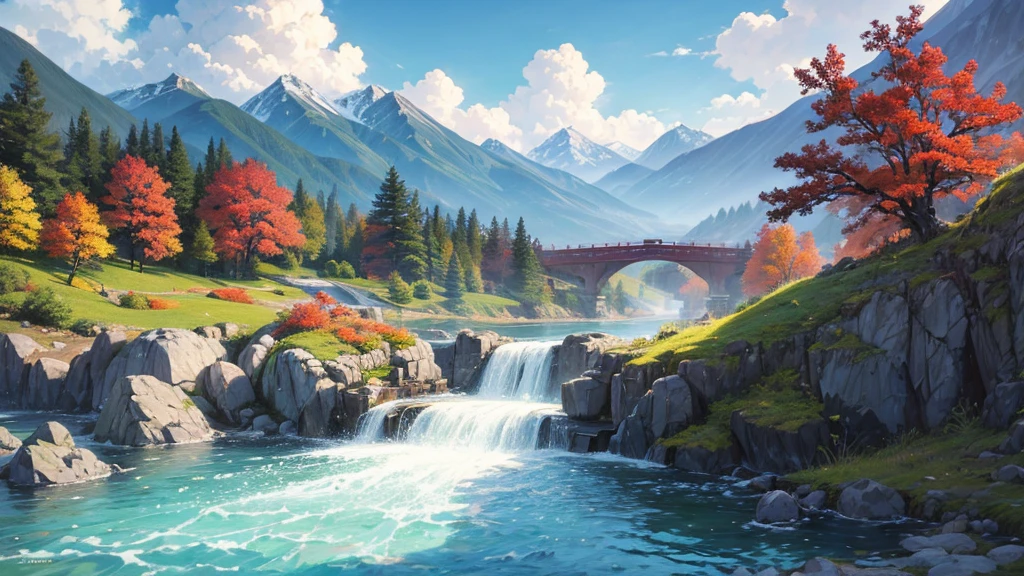 The painting depicts a traditional East Asian landscape with soaring rocky mountains studded with trees, The waterfall falls into the river flowing over the curved bridge, and many fall-colored trees at the foot of the mountain. In the sky there were two white birds flying and on the top of the mountain there was a small temple. The sky is painted gently to create the feeling of fog or clouds. The upper right corner of the picture has Chinese characters, could be the artist&#39;s signature or a poem related to the work.