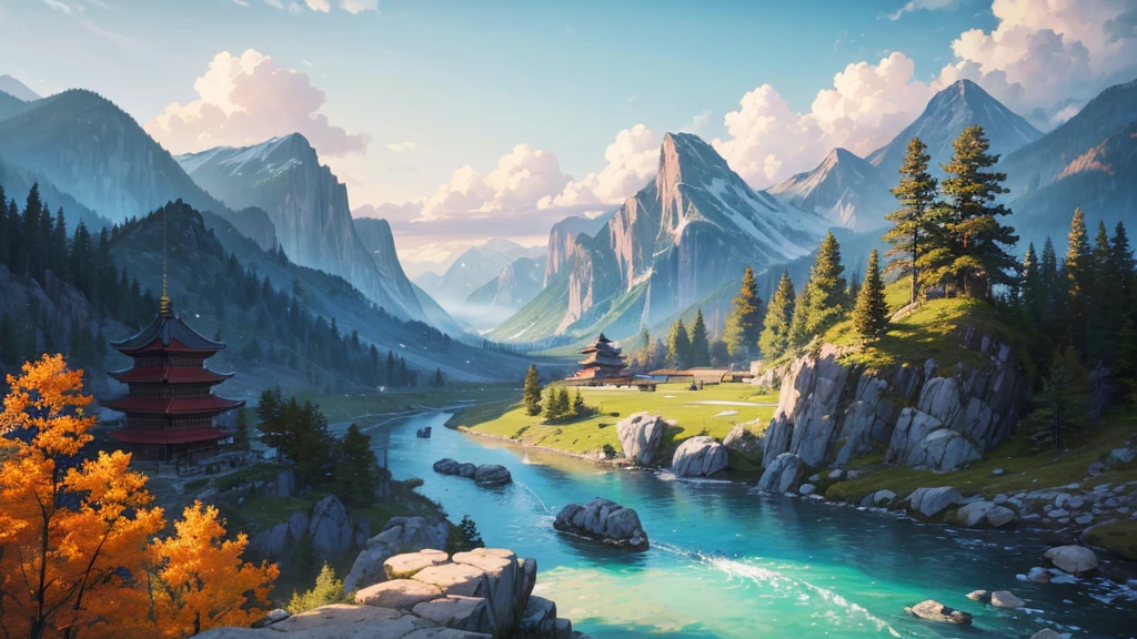 The painting depicts a traditional East Asian landscape with soaring rocky mountains studded with trees, The waterfall falls into the river flowing over the curved bridge, and many fall-colored trees at the foot of the mountain. In the sky there were two white birds flying and on the top of the mountain there was a small temple. The sky is painted gently to create the feeling of fog or clouds. The upper right corner of the picture has Chinese characters, could be the artist's signature or a poem related to the work.