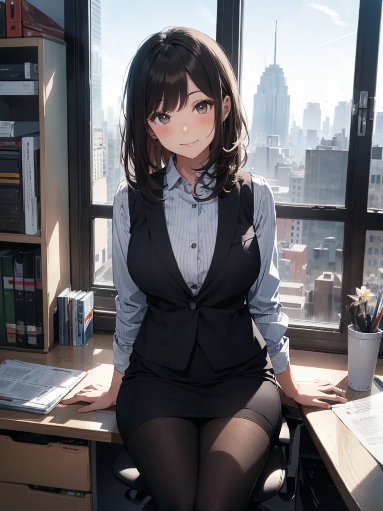 1lady sitting (crossed legs), office worker (stylish outfit), (gray vest) (pencil skirt), mature female, /(dark brown hair/) bangs, blush kind smile, (masterpiece best quality:1.2) delicate illustration ultra-detailed, large breasts, pantyhose BREAK (modern office indoors), window cityscape, detailed background