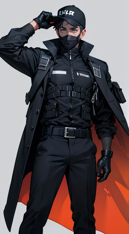 (check_9, check_8_up), check_7_up, zPDXL, Dark_technical clothing, male focus, One, shirt, gloves, long sleeves, 1 boy, baseball cap, black mask, male focus, black gloves, belt, trousers, coat, bulletproof vest, arm up, black shirt, muscular, black trousers, Black background, simple background,