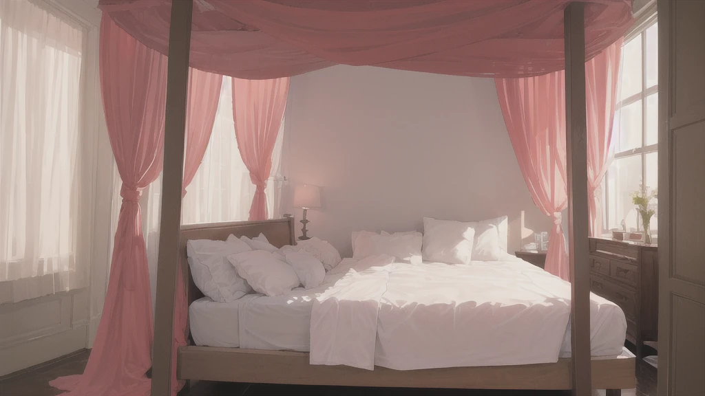 there is a bed with a canopy in a room with a window, Soft morning lighting, soft light atmosphere, Soft morning light, bed room, bedroom background, bed, Soft colors, bedroom, dim bedroom, Natural light in the room, soft light dull mood, cozy bed, Pale pink, in a bedroom, in the morning, Dreamy atmosphere,パステルカラーのbedルームのイラスト,bedルームやスパの受付の柔らかい雰囲気,Women's small bag,Cosmetic pouch,Silhouette of a woman getting ready,Pastel color gradation,Featured images