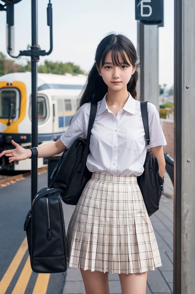 White shirt,Checkered Pleated Skirt,,high school girl,Black Hair,Straight Hair,ponytail,Dark Eyes,Small Face,Clean eyes,Small Mouth,slender,Young face,,Flat chest,train,Station platform,live-action,Realistic photos,8K,Happy face,Ultra HD,Standing posture,whole body,School bag,