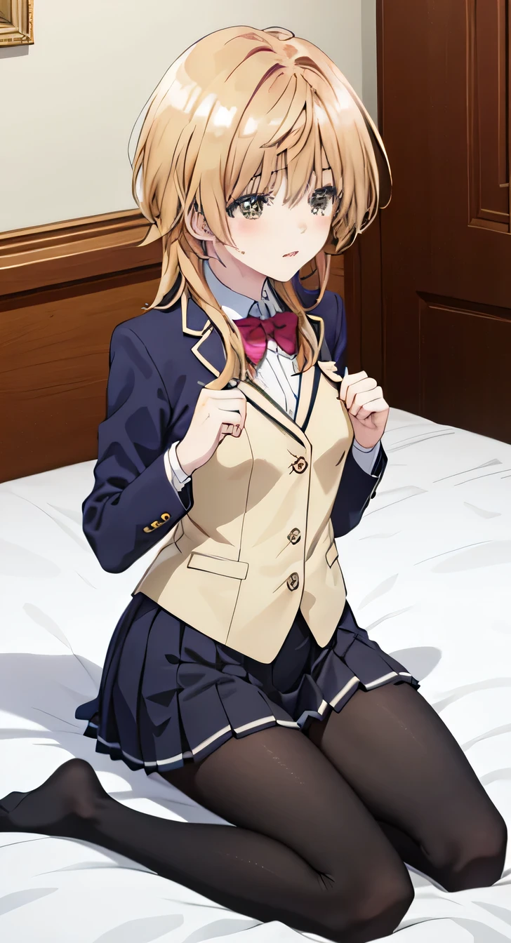 Highest quality, masterpiece, High resolution, (Head to Toe), Front and slightly lower view, Symmetrical Configuration, Precisely balanced composition across the body、18-year-old, Slim and beautiful girl, alone, (Small breasts), (No shoes),Messy Hair, bangs, (black tights), (Black Pantyhose), (Sit on the floor with your legs open),(Shoes rolling around at your feet) (Spread-legged pose on bed), , Looking into the camera, Blazer Uniform, Checkered Pleated Skirt