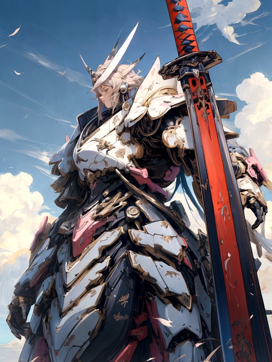 anime character with sword and sword in front of a cloudy sky, detailed digital anime art, detailed anime artwork, mecha asthetic, best anime 4k konachan wallpaper, detailed anime art, anime mecha aesthetic, 2. 5 d cgi anime fantasy artwork, advanced digital anime art, anime epic artwork, detailed digital concept art, 4k highly detailed digital art