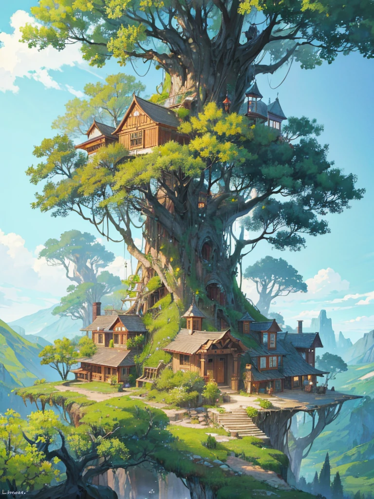 In the imaginary world there is a giant tree that is 1km tall. Hundreds pf people have carved homes out of the tree. Image must include the tree l*