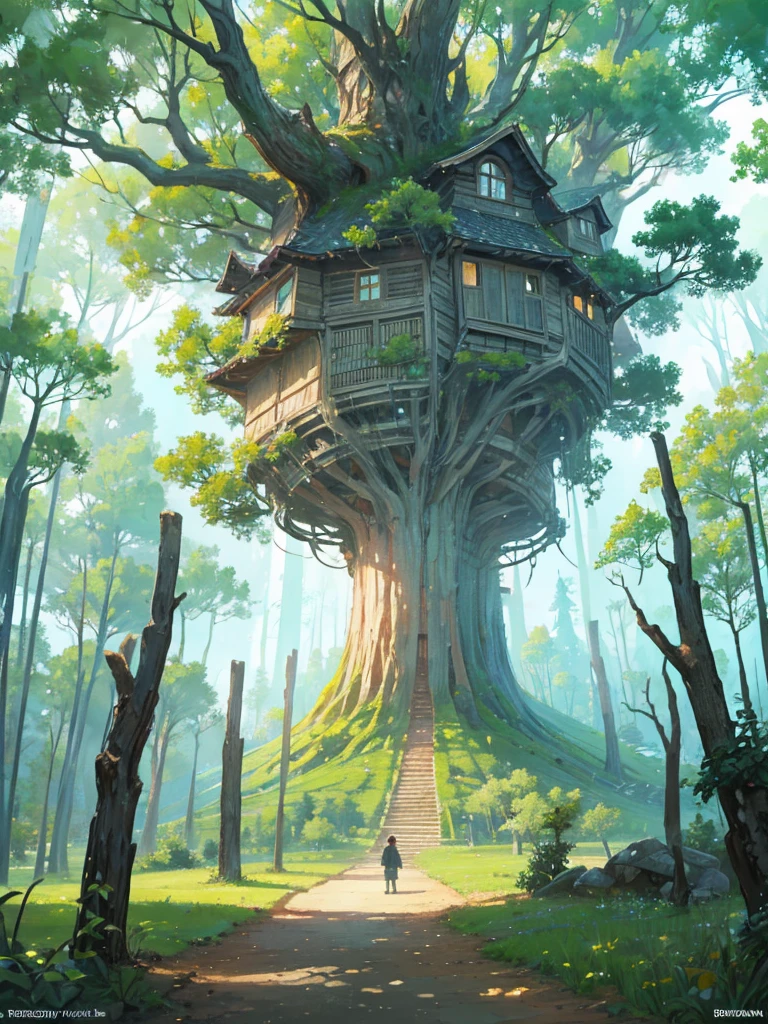 In the imaginary world there is a giant tree that is 1km tall. Hundreds pf people have carved homes out of the tree. Image must include the tree l*