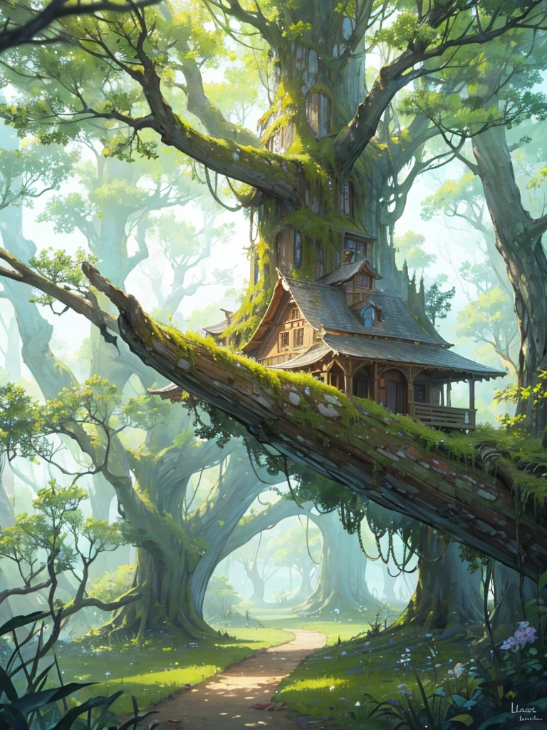 In the imaginary world there is a giant tree that is 1km tall. Hundreds pf people have carved homes out of the tree. Image must include the tree l*
