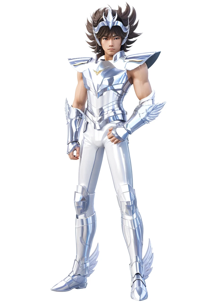 A young asian man in glossy metal armor with white outfit without sleeves underneath, Saint seiya, pegasus seiya, unreal engine saint seiya render