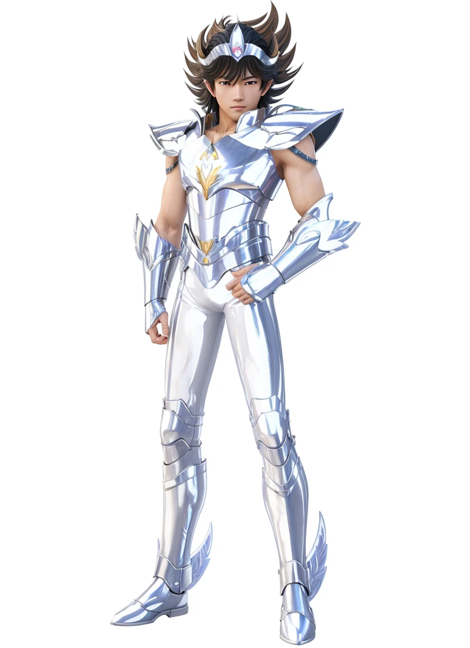 A young asian man in glossy metal armor with white outfit without sleeves underneath, Saint seiya, pegasus seiya, unreal engine saint seiya render