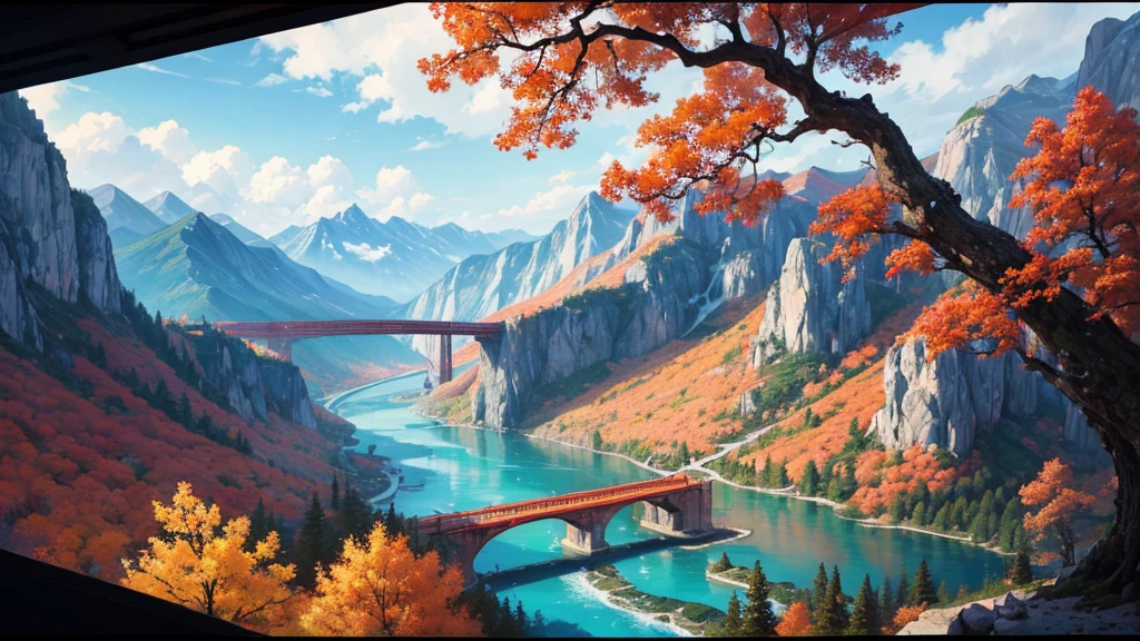 The painting depicts a traditional East Asian landscape with soaring rocky mountains studded with trees, The waterfall falls into the river flowing over the curved bridge, and many fall-colored trees at the foot of the mountain. In the sky there were two white birds flying and on the top of the mountain there was a small temple. The sky is painted gently to create the feeling of fog or clouds. The upper right corner of the picture has Chinese characters, could be the artist&#39;s signature or a poem related to the work.