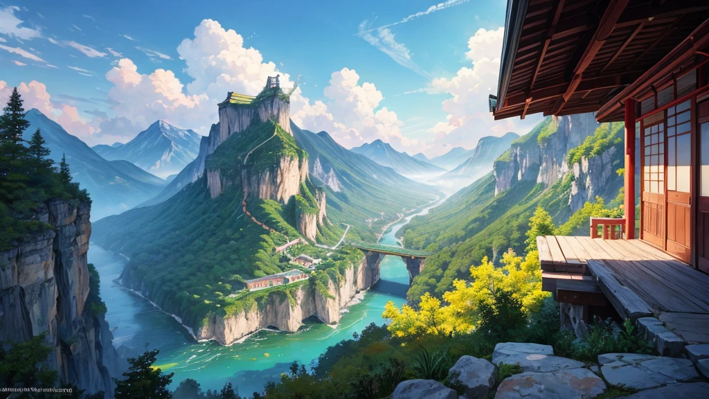 The painting depicts a traditional East Asian landscape with soaring rocky mountains studded with trees, The waterfall falls into the river flowing over the curved bridge, and many fall-colored trees at the foot of the mountain. In the sky there were two white birds flying and on the top of the mountain there was a small temple. The sky is painted gently to create the feeling of fog or clouds. The upper right corner of the picture has Chinese characters, could be the artist's signature or a poem related to the work.