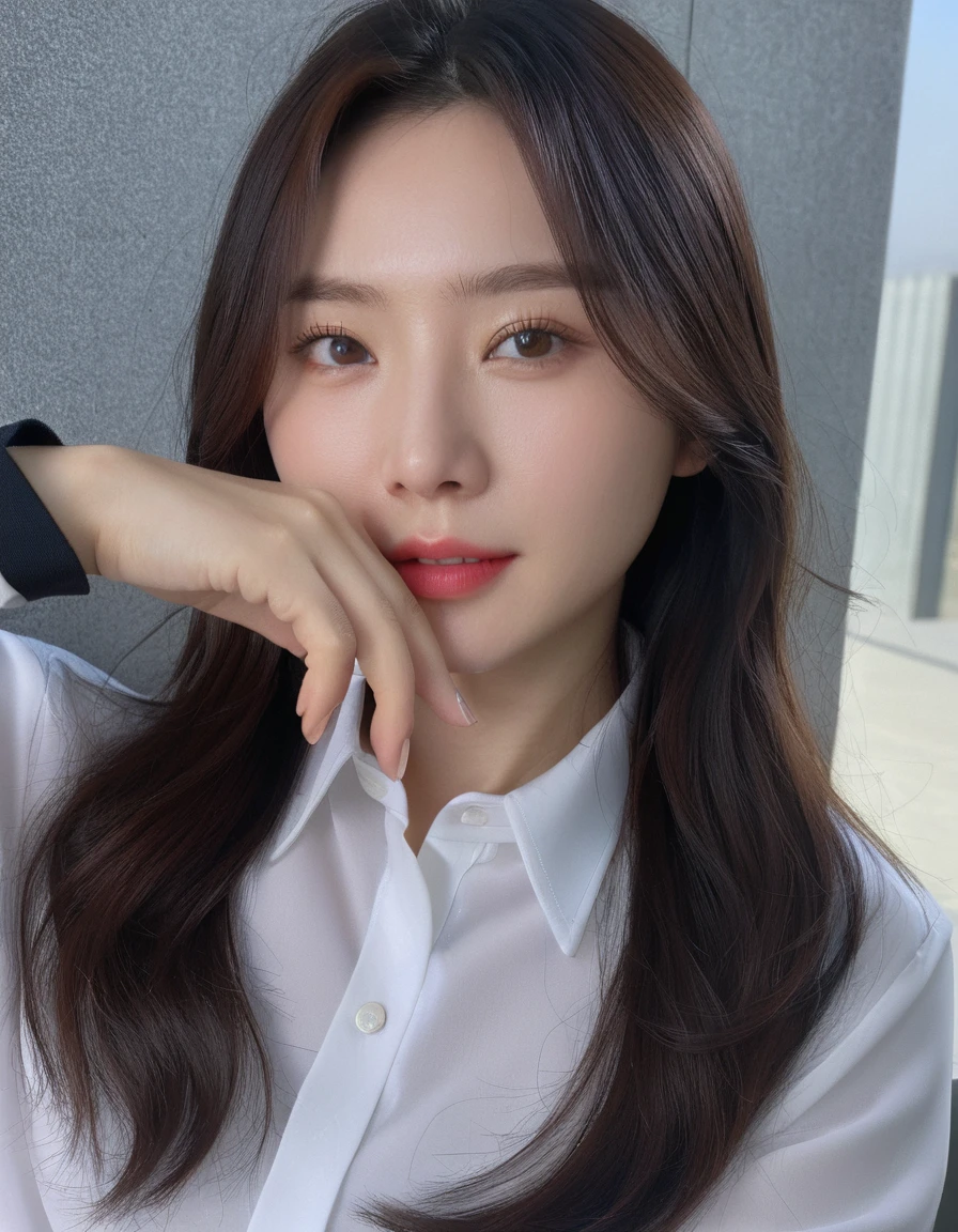 Best Quality, 8k, Masterpiece, (Portrait: 1.3), (photo realistic:1.4), (hyper realistic:1.4), Sharp Focus, looking at viewer, (smoother lighting:1.1), (increase cinematic lighting quality:0.9), realistic lighting, backlighting, light on face, ray trace, (brightening light:1.2), (Increase quality:1.4), sharp detail, (best quality real texture skin:1.4), finely detailed eyes, black_eyes, finely detailed face, 25 year old Korean woman, (white formal_shirt:1.4), (Create an image maintaining the original base model hairstyle:1.5)