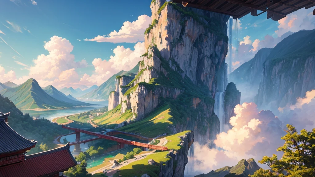 The painting depicts a traditional East Asian landscape with soaring rocky mountains studded with trees, The waterfall falls into the river flowing over the curved bridge, and many fall-colored trees at the foot of the mountain. In the sky there were two white birds flying and on the top of the mountain there was a small temple. The sky is painted gently to create the feeling of fog or clouds. The upper right corner of the picture has Chinese characters, could be the artist's signature or a poem related to the work.