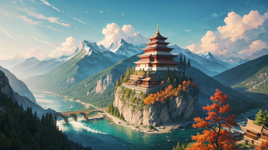 The painting depicts a traditional East Asian landscape with soaring rocky mountains studded with trees, The waterfall falls into the river flowing over the curved bridge, and many fall-colored trees at the foot of the mountain. In the sky there were two white birds flying and on the top of the mountain there was a small temple. The sky is painted gently to create the feeling of fog or clouds. The upper right corner of the picture has Chinese characters, could be the artist&#39;s signature or a poem related to the work.