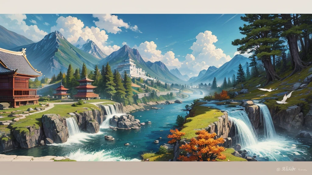 The painting depicts a traditional East Asian landscape with soaring rocky mountains studded with trees, The waterfall falls into the river flowing over the curved bridge, and many fall-colored trees at the foot of the mountain. In the sky there were two white birds flying and on the top of the mountain there was a small temple. The sky is painted gently to create the feeling of fog or clouds. The upper right corner of the picture has Chinese characters, could be the artist's signature or a poem related to the work.