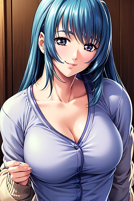 (best quality), (masterpiece), (focus on face), つやのある肌, 1girl, smile, Cardigan, medium large breasts, emphasizing the cleavage